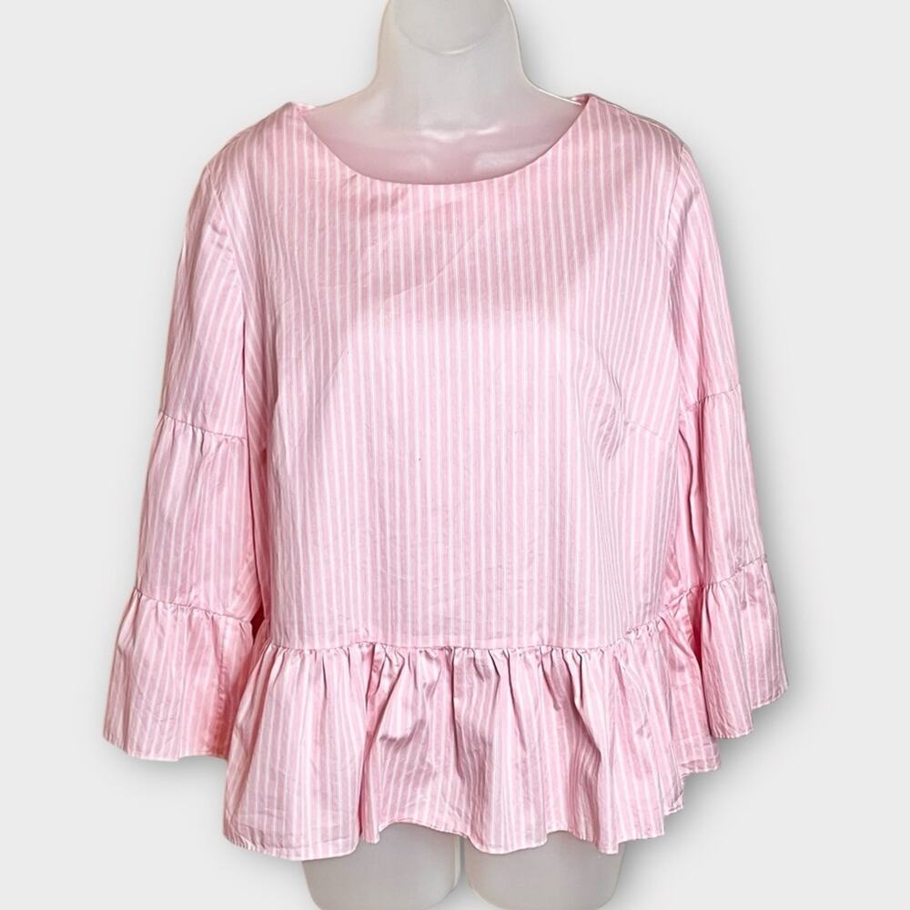 Tyler Boe Pink & White Striped Ruffled Peplum Bell Sleeve Blouse - Picture 2 of 6